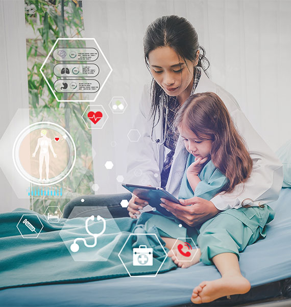 female doctor using digital tablet with child